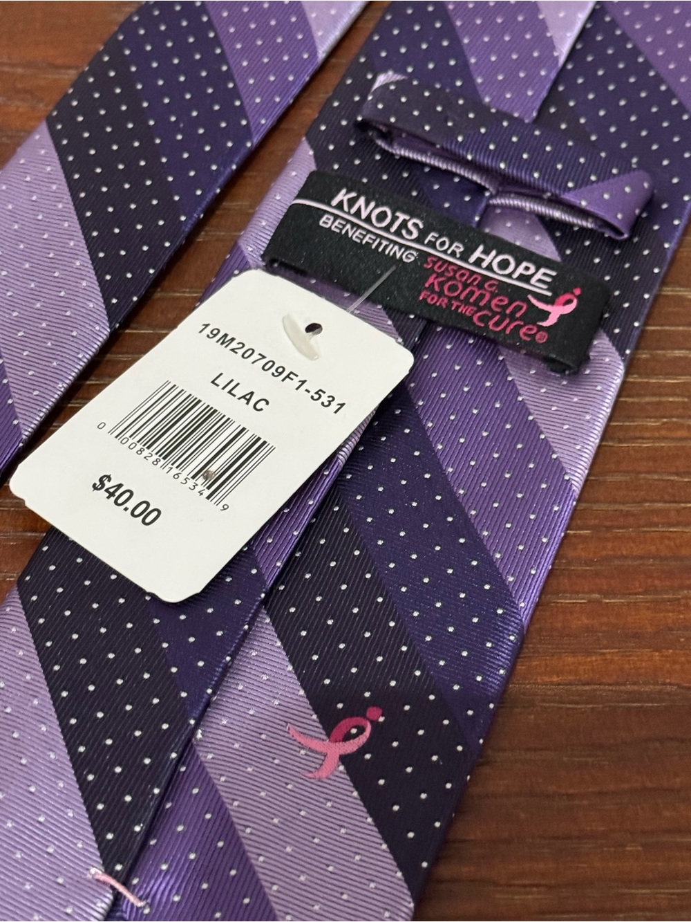 NWT Susan G Komen Men's Purple Striped Neck Tie Pink Ribbon - Knots for Hope - Picture 6 of 7